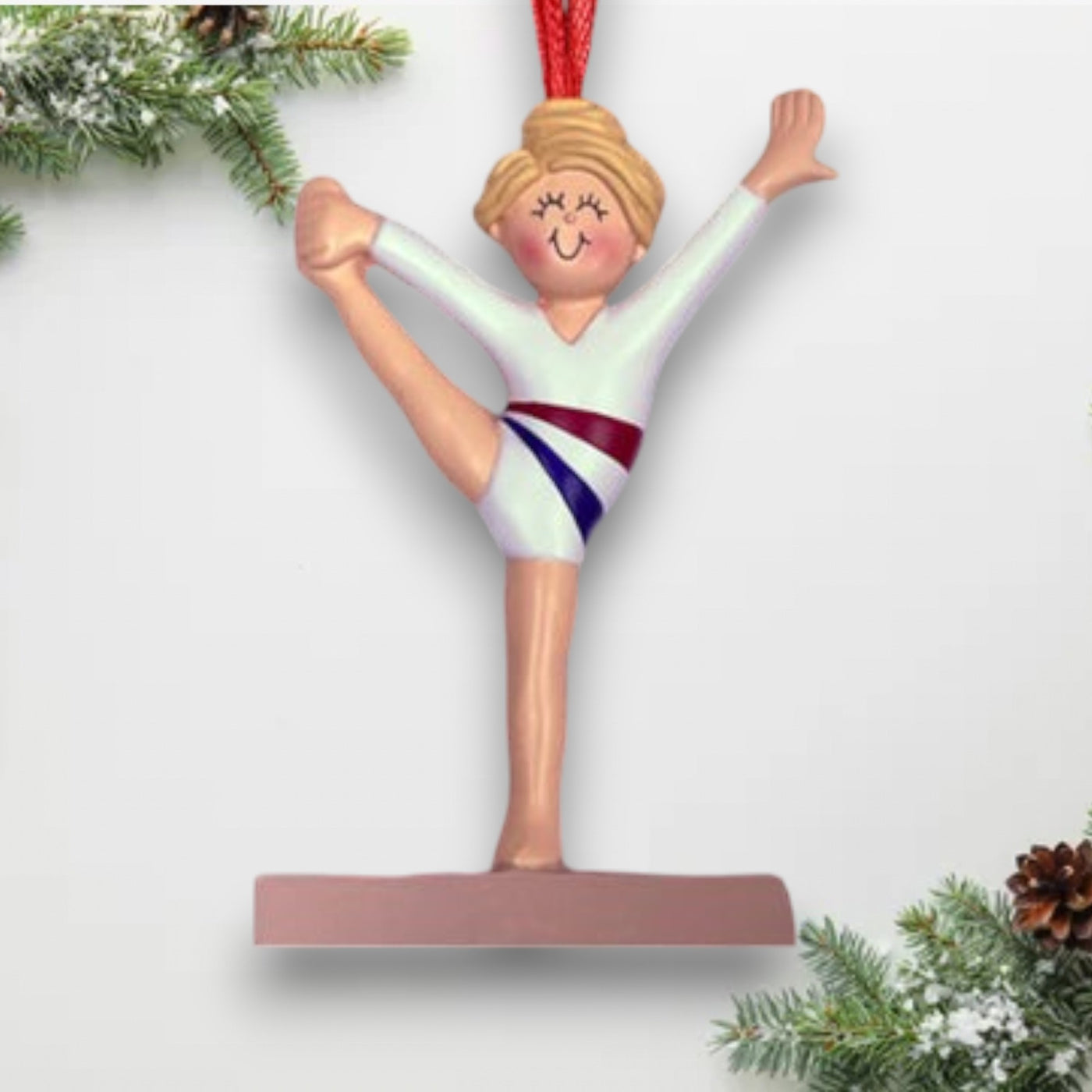 Personalized Blonde Female Gymnast Child Christmas Ornament White Uniform