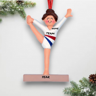 Personalized Brunette Female Gymnast Child Christmas Ornament White Uniform