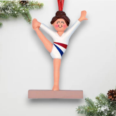 Personalized Brunette Female Gymnast Child Christmas Ornament White Uniform