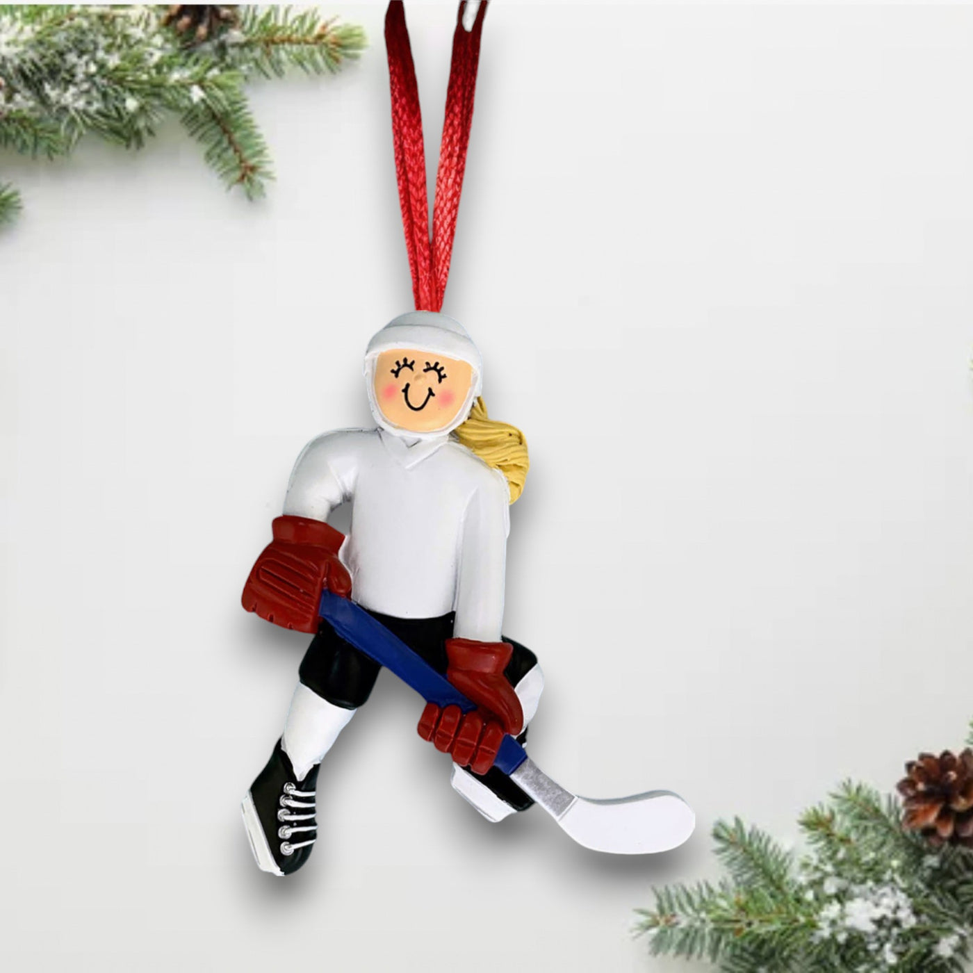 Personalized Female Blonde Hockey Player Christmas Ornament