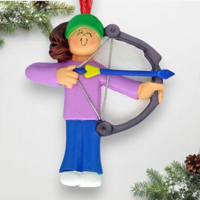 Personalized Brunette Female Archery Christmas Ornament