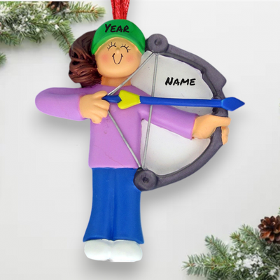 Personalized Brunette Female Archery Christmas Ornament