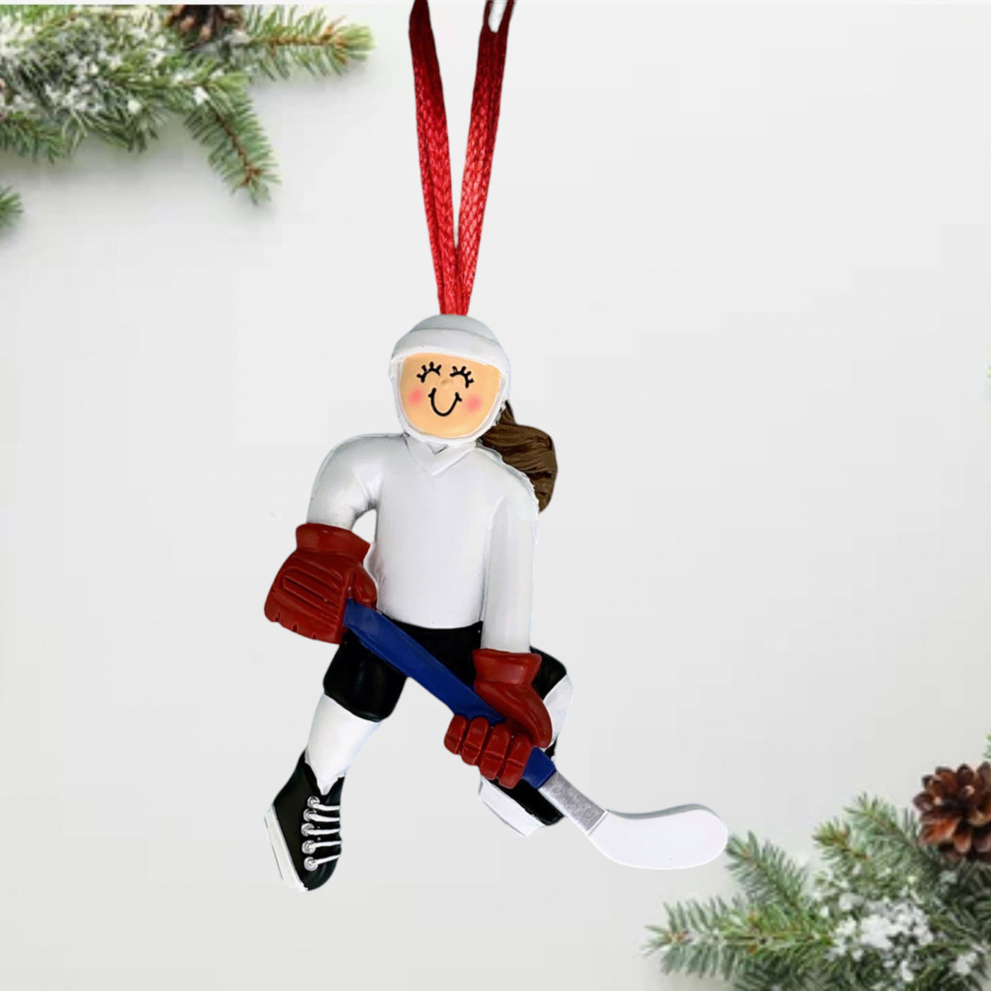 Personalized Brunette Female Ice Hockey Player Christmas Ornament