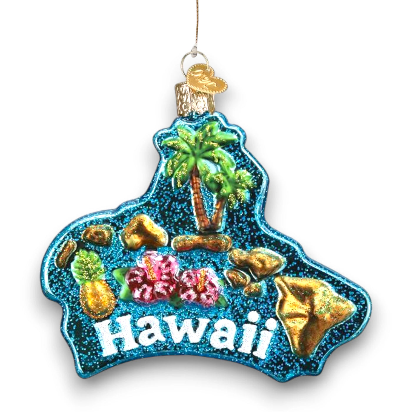 Personalized Hawaiian Islands Christmas Ornament featuring a glittered blue background with palm trees, hibiscus flowers, pineapples, and golden accents, customizable with name and year.