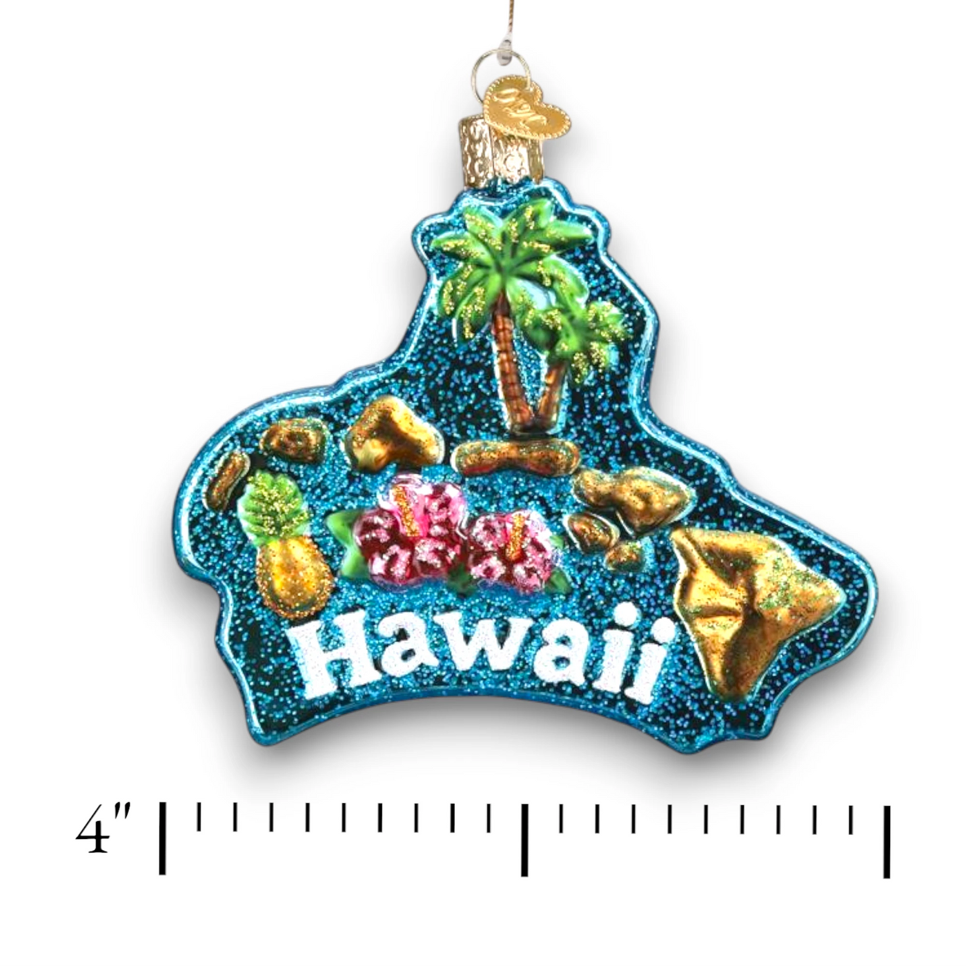 Personalized Hawaiian Islands Christmas Ornament featuring a glittered blue background with palm trees, hibiscus flowers, pineapples, and golden accents, customizable with name and year.