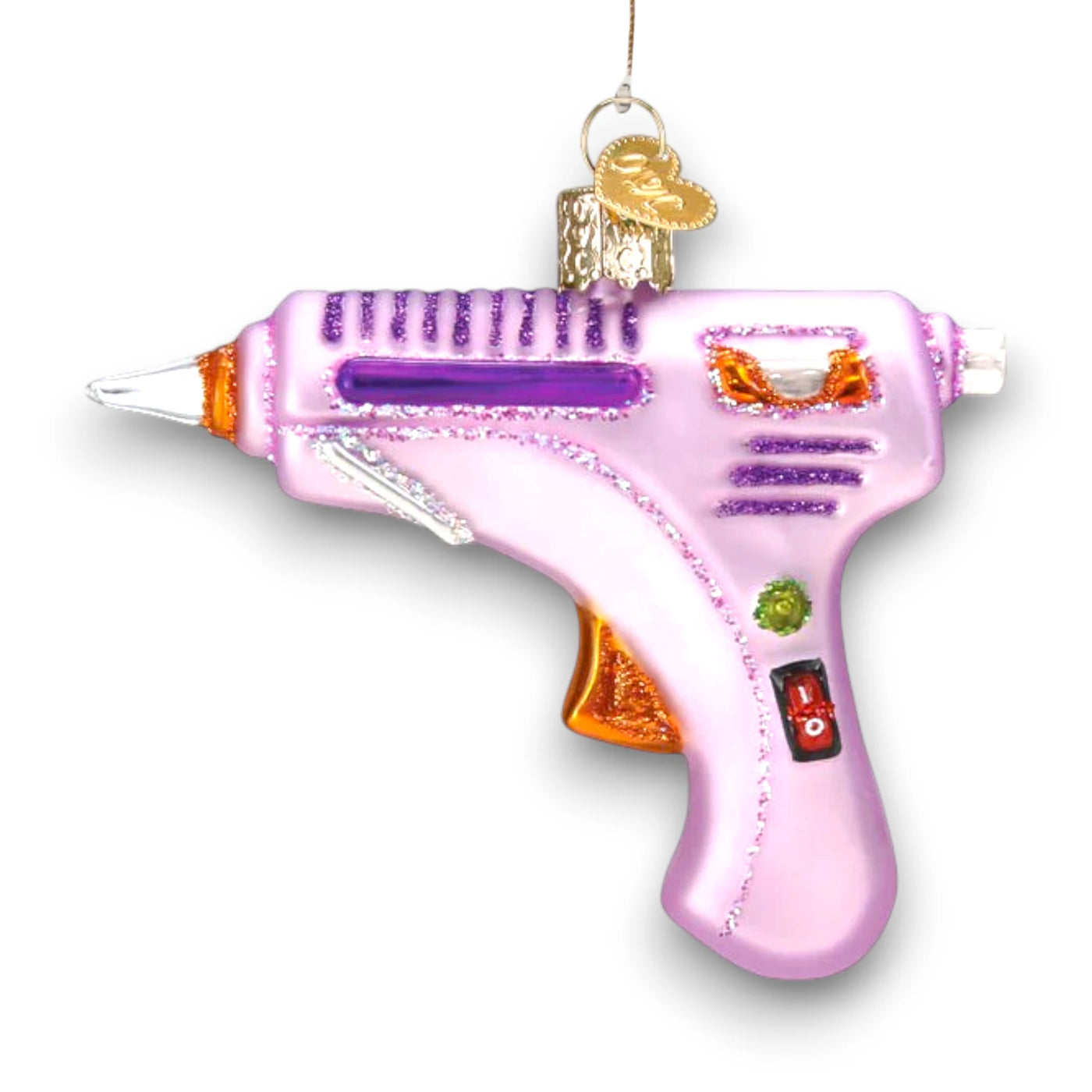 Personalized Hot Glue Gun Christmas Ornament featuring a pink glue gun with glittery purple and orange details, customizable with name and year.