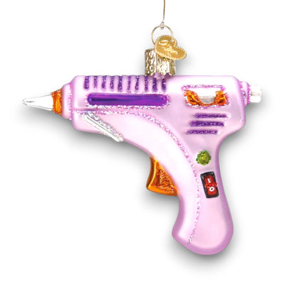 Personalized Hot Glue Gun Christmas Ornament featuring a pink glue gun with glittery purple and orange details, customizable with name and year.