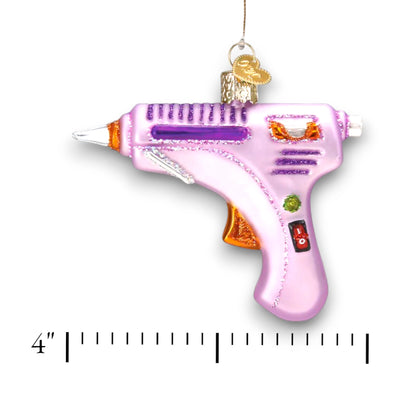 Personalized Hot Glue Gun Christmas Ornament featuring a pink glue gun with glittery purple and orange details, customizable with name and year.