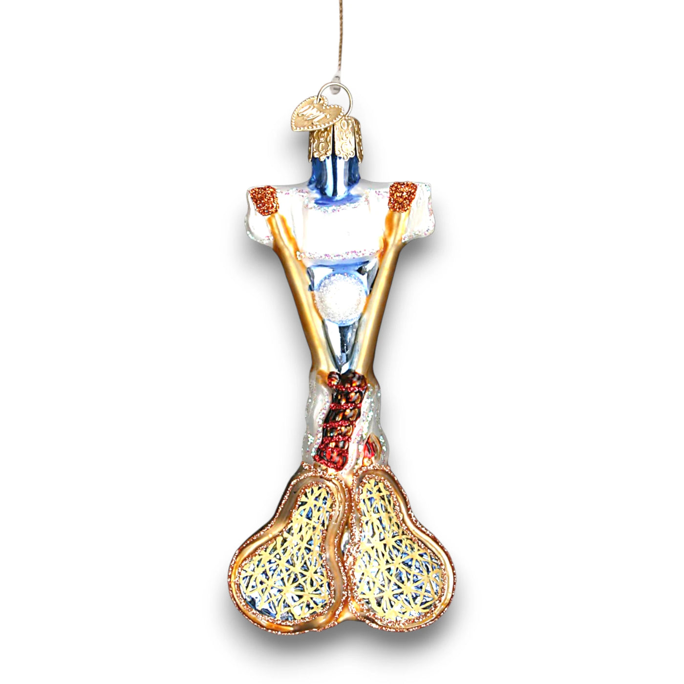 Lacrosse-themed Christmas ornament featuring crossed lacrosse sticks with detailed netting, a ball, and glitter accents, customizable with name and year.