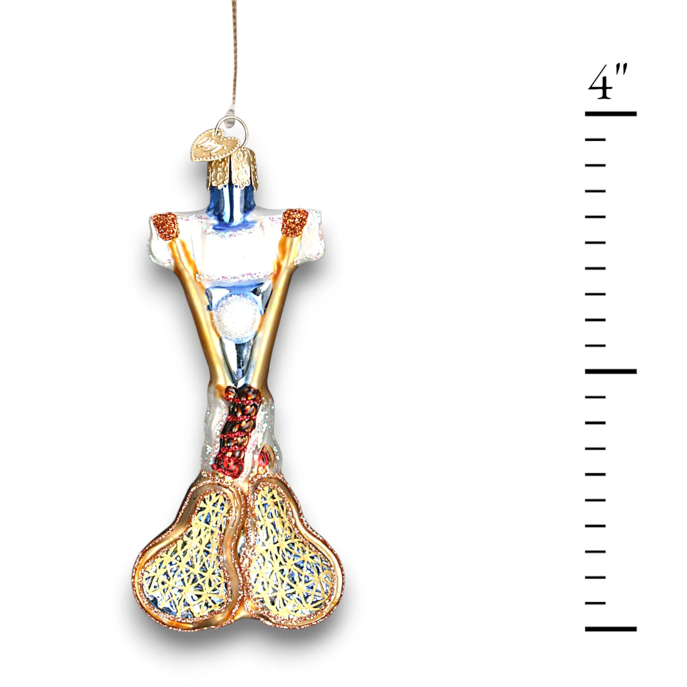 Lacrosse-themed Christmas ornament featuring crossed lacrosse sticks with detailed netting, a ball, and glitter accents, customizable with name and year.