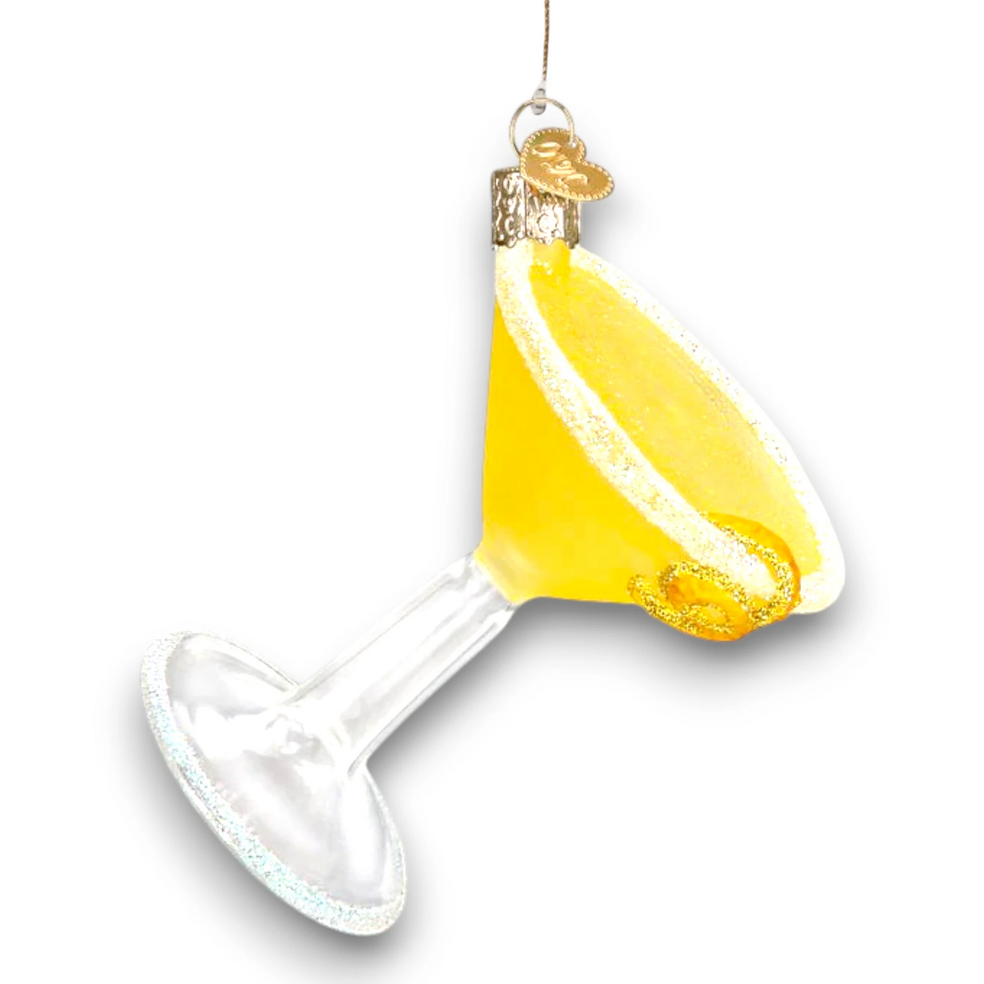 Personalized Lemon Drop Martini Christmas Ornament featuring a yellow martini glass with a glittered sugared rim and lemon peel accent, customizable with name and year.