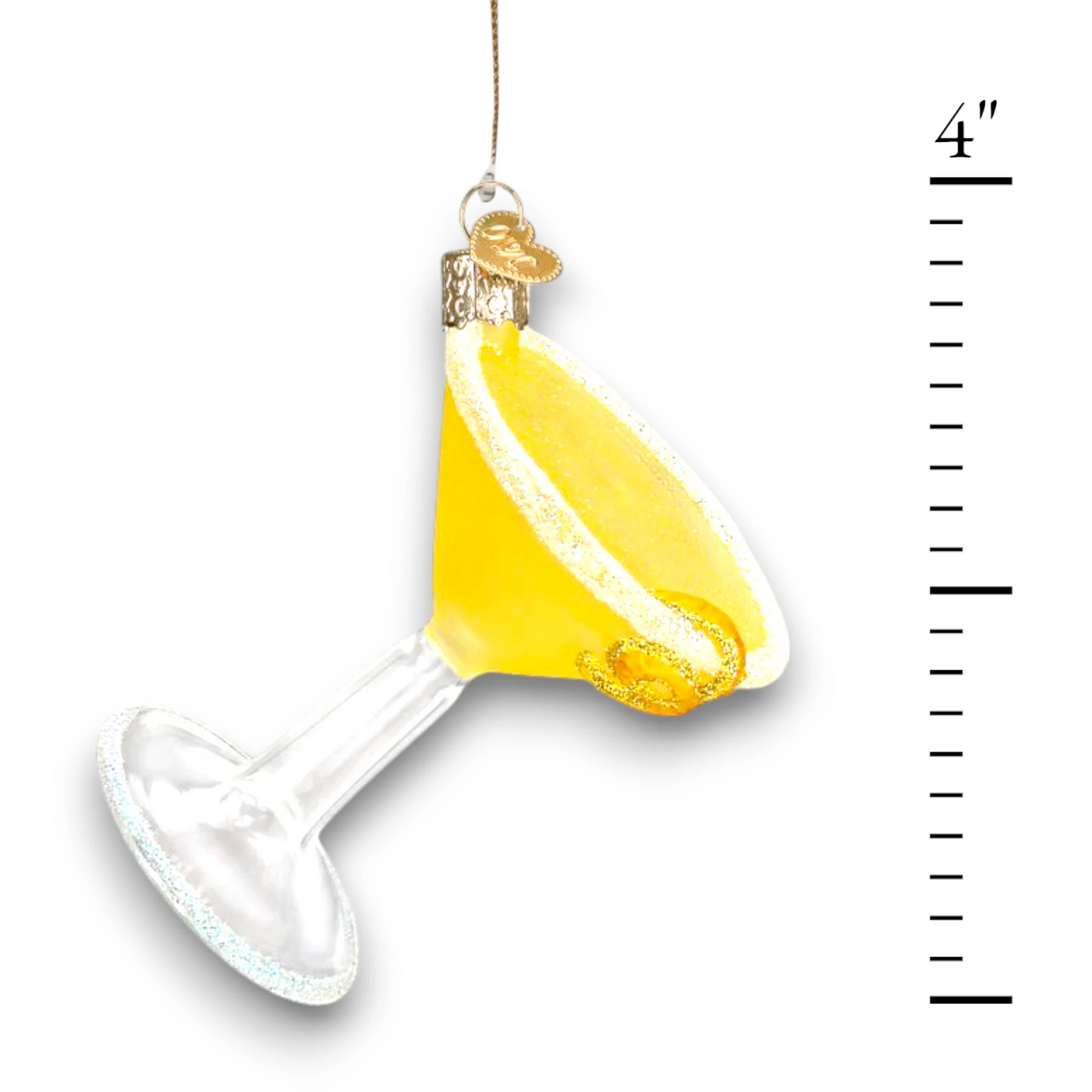 Personalized Lemon Drop Martini Christmas Ornament featuring a yellow martini glass with a glittered sugared rim and lemon peel accent, customizable with name and year.