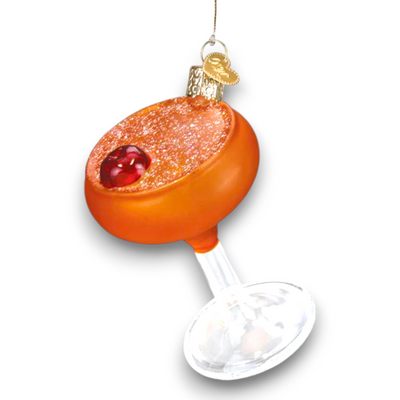 Personalized Manhattan Martini Christmas Ornament featuring an orange cocktail with a cherry garnish in a shimmering glass, customizable with name and year.