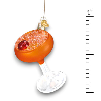 Personalized Manhattan Martini Christmas Ornament featuring an orange cocktail with a cherry garnish in a shimmering glass, customizable with name and year.