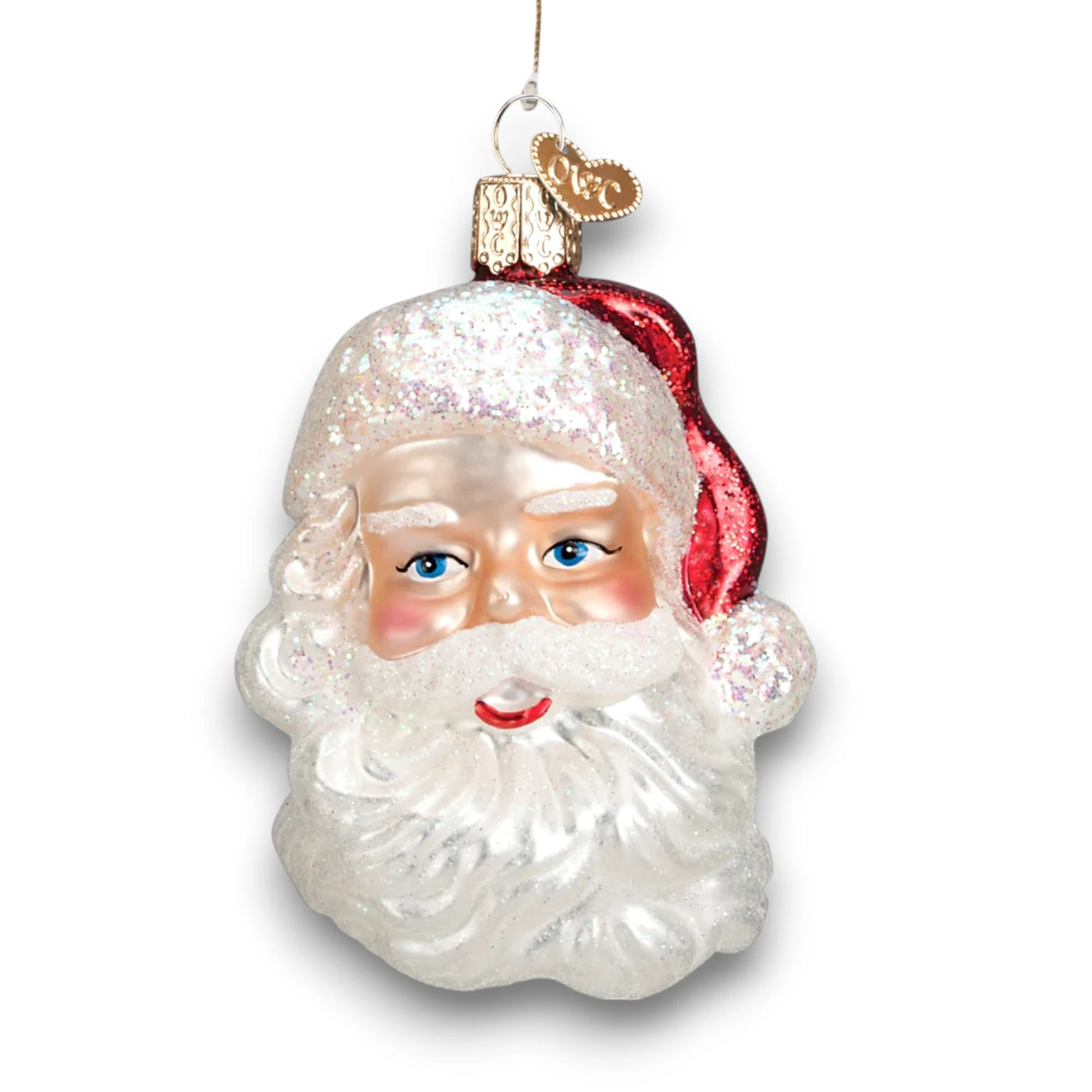 Personalized Mid-century Santa Head Christmas Ornament featuring a classic Santa face with glittered beard and red hat, customizable with name and year.