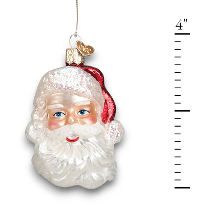 Personalized Mid-century Santa Head Christmas Ornament featuring a classic Santa face with glittered beard and red hat, customizable with name and year.