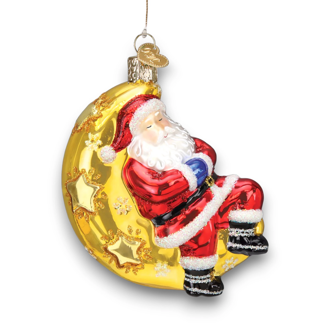 Personalized Moonlight Santa Christmas Ornament showcasing Santa resting on a golden crescent moon with glittering star accents, customizable with name and year.