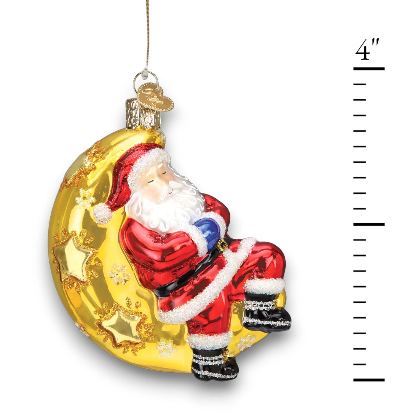 Personalized Moonlight Santa Christmas Ornament showcasing Santa resting on a golden crescent moon with glittering star accents, customizable with name and year.