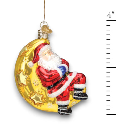 Personalized Moonlight Santa Christmas Ornament showcasing Santa resting on a golden crescent moon with glittering star accents, customizable with name and year.