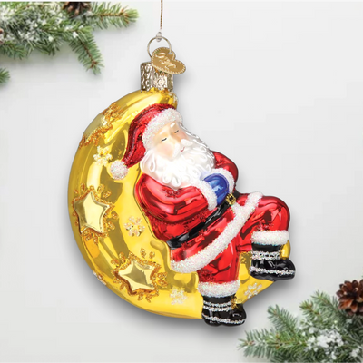 Personalized Moonlight Santa Christmas Ornament showcasing Santa resting on a golden crescent moon with glittering star accents, customizable with name and year.