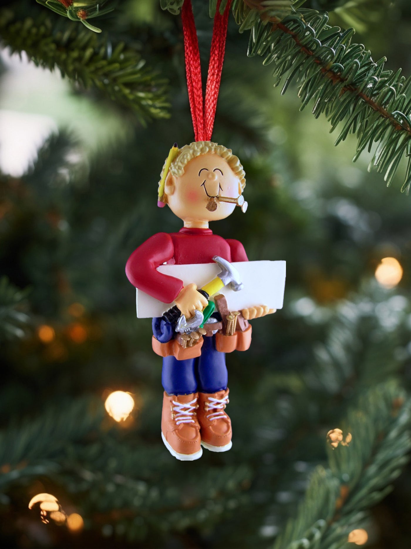 personalized blonde male carpenter christmas ornament