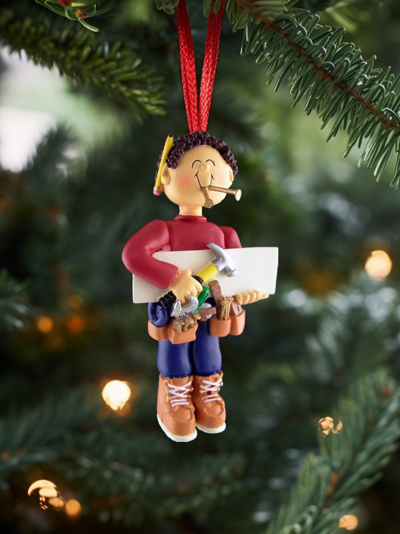 personalized brunette male carpenter christmas ornament