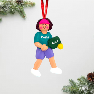 Pickle Ball Ornament - Female Brunette Personalized