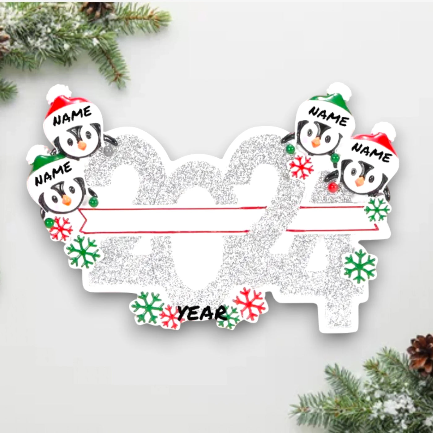 Personalized 2024 Family of 4 Christmas Ornament featuring four penguins in Santa hats with customizable names.