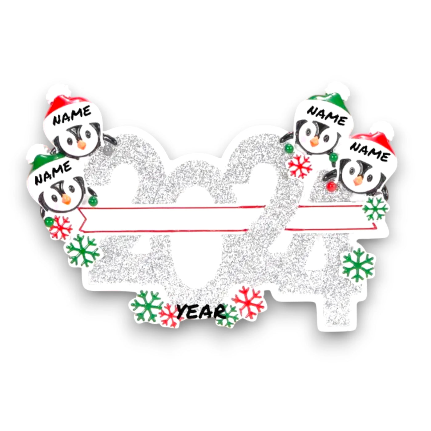 Personalized 2024 Family of 4 Christmas Ornament featuring four penguins in Santa hats with customizable names.