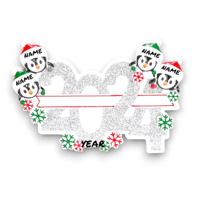 Personalized 2024 Family of 4 Christmas Ornament featuring four penguins in Santa hats with customizable names.
