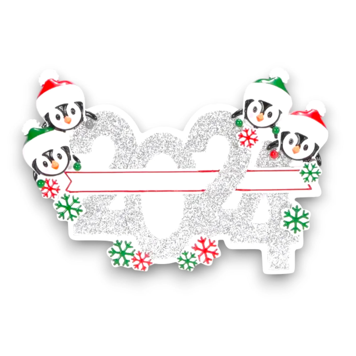 Personalized 2024 Family of 4 Christmas Ornament featuring four penguins in Santa hats with customizable names.