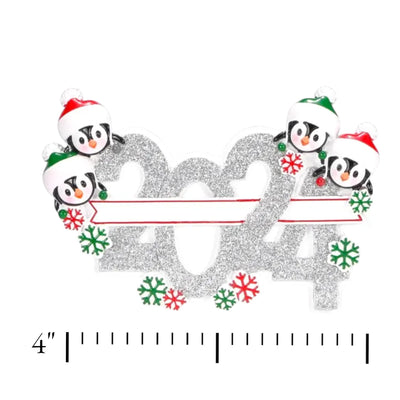 Personalized 2024 Family of 4 Christmas Ornament featuring four penguins in Santa hats with customizable names.