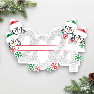 Personalized 2024 Family of 4 Christmas Ornament featuring four penguins in Santa hats with customizable names.