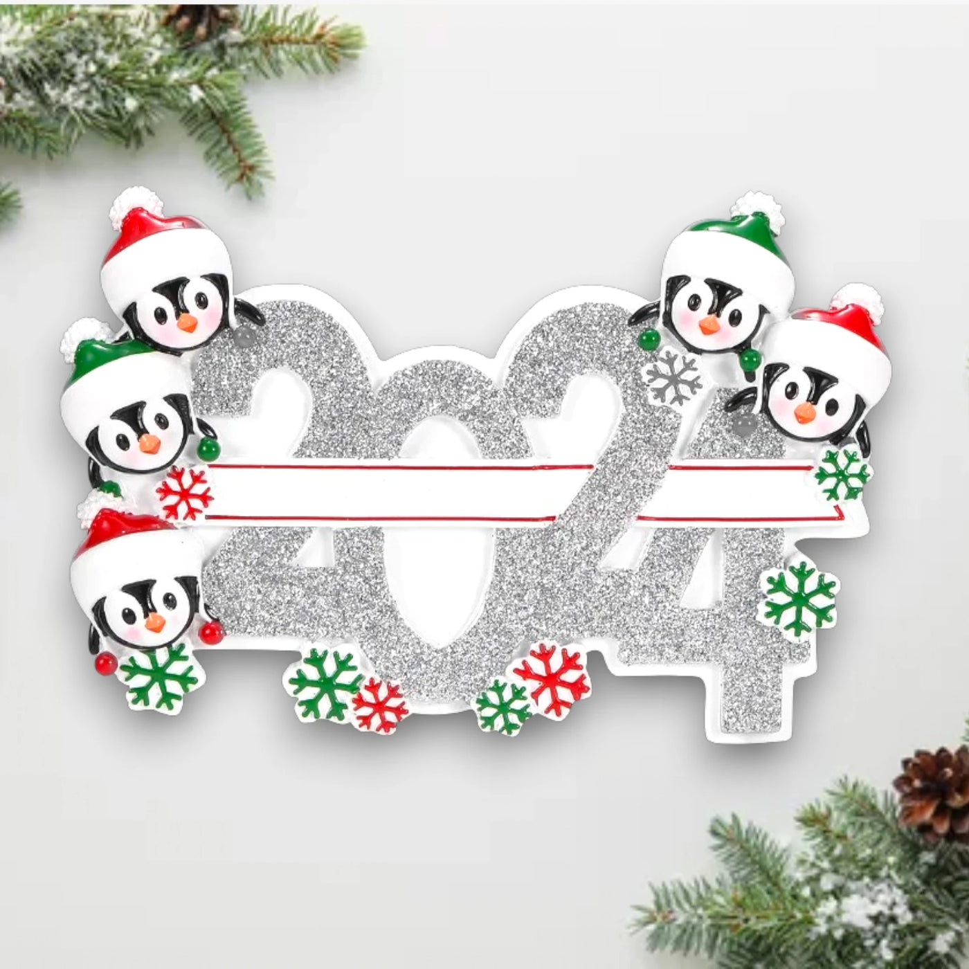 Personalized 2024 Family of 5 Christmas Ornament with penguins, snowflakes, and customizable name spaces.