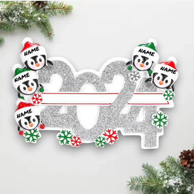 Personalized 2024 Family of 5 Christmas Ornament with penguins, snowflakes, and customizable name spaces.