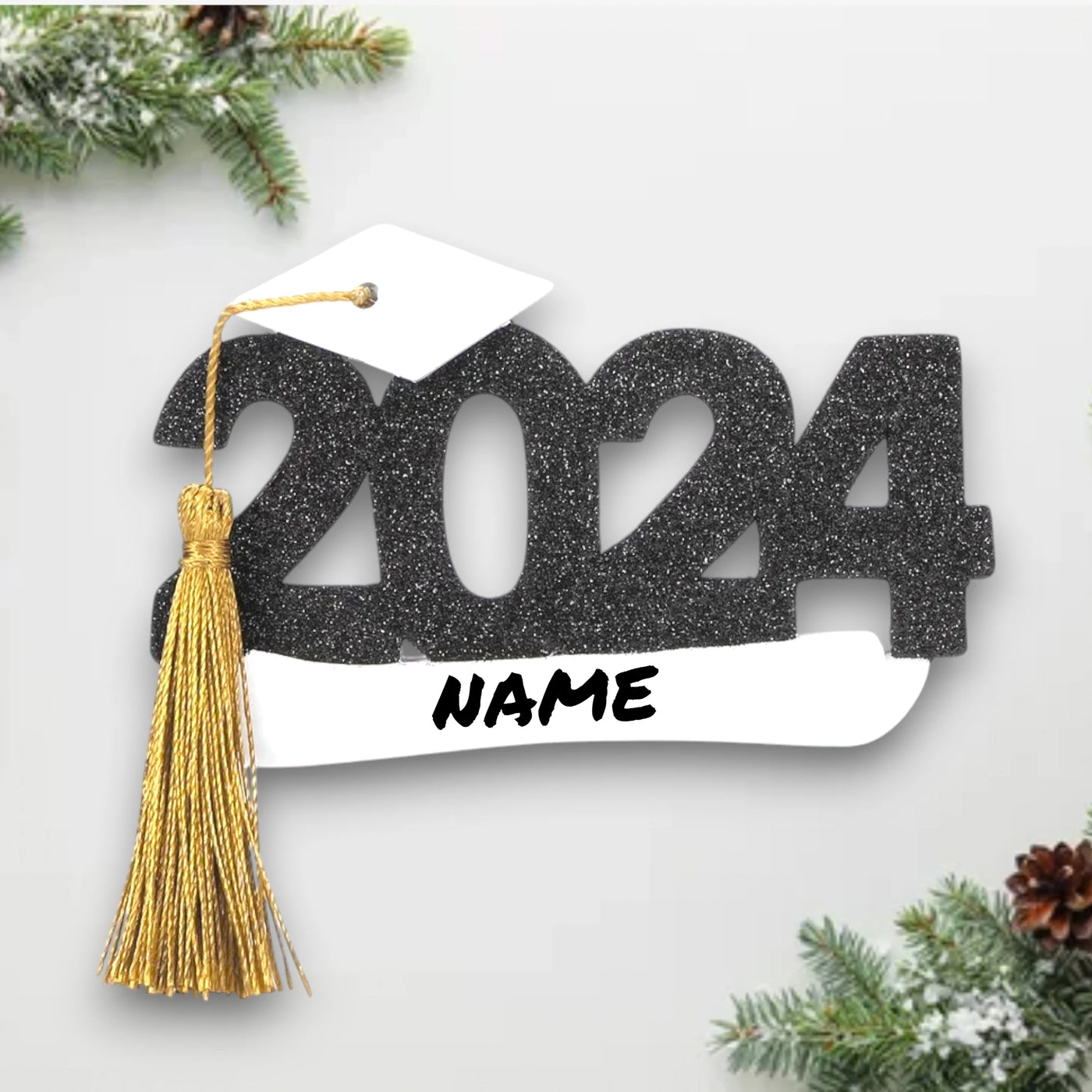 Personalized 2024 Graduation Christmas Ornament featuring glittery black “2024” with a white graduation cap, gold tassel, and customizable name.
