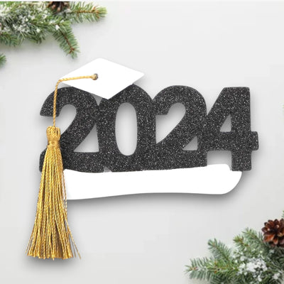 Personalized 2024 Graduation Christmas Ornament featuring glittery black “2024” with a white graduation cap, gold tassel, and customizable name.
