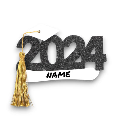 Personalized 2024 Graduation Christmas Ornament featuring glittery black “2024” with a white graduation cap, gold tassel, and customizable name.
