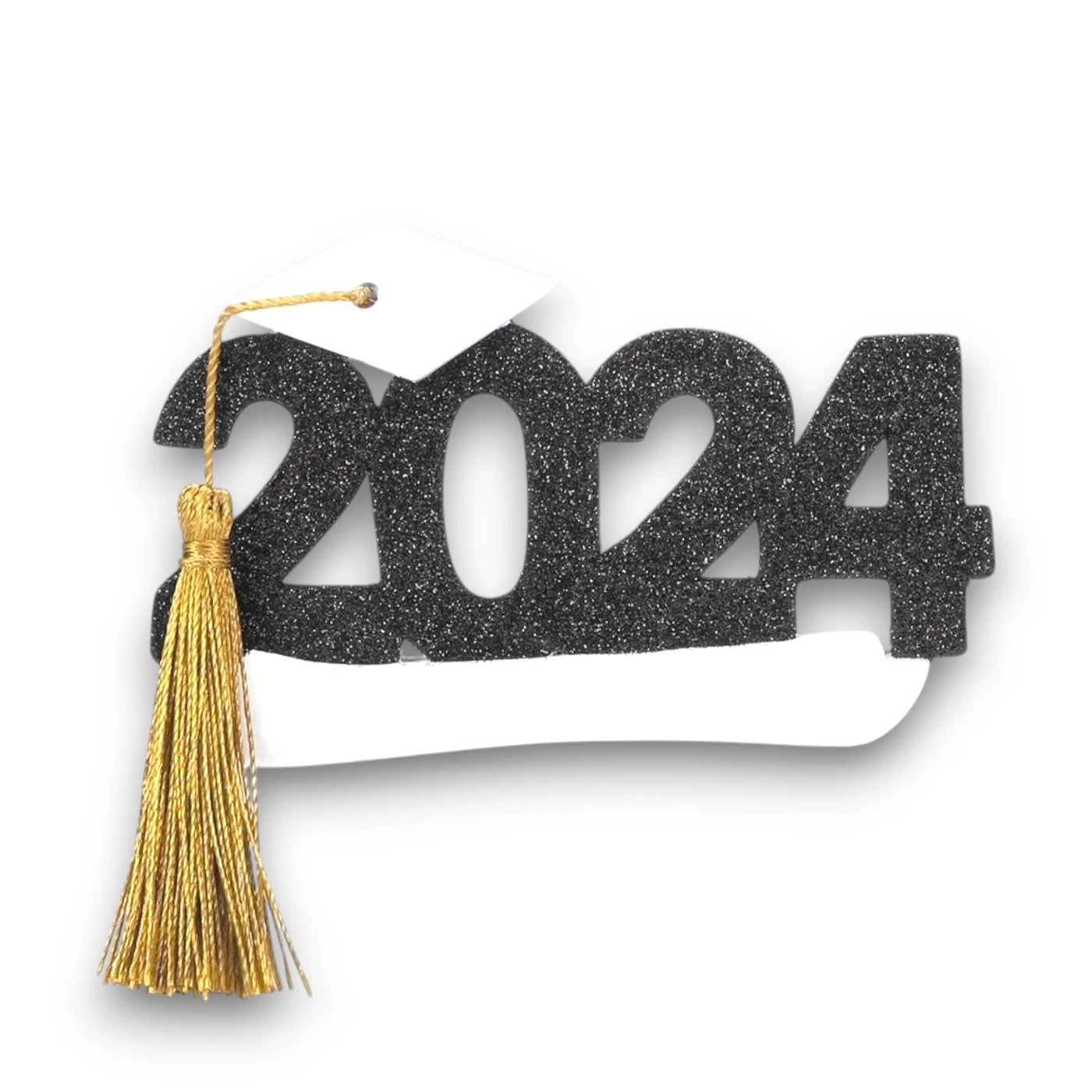 Personalized 2024 Graduation Christmas Ornament featuring glittery black “2024” with a white graduation cap, gold tassel, and customizable name.
