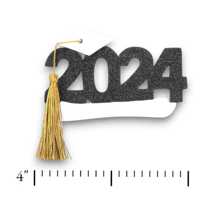 Personalized 2024 Graduation Christmas Ornament featuring glittery black “2024” with a white graduation cap, gold tassel, and customizable name.
