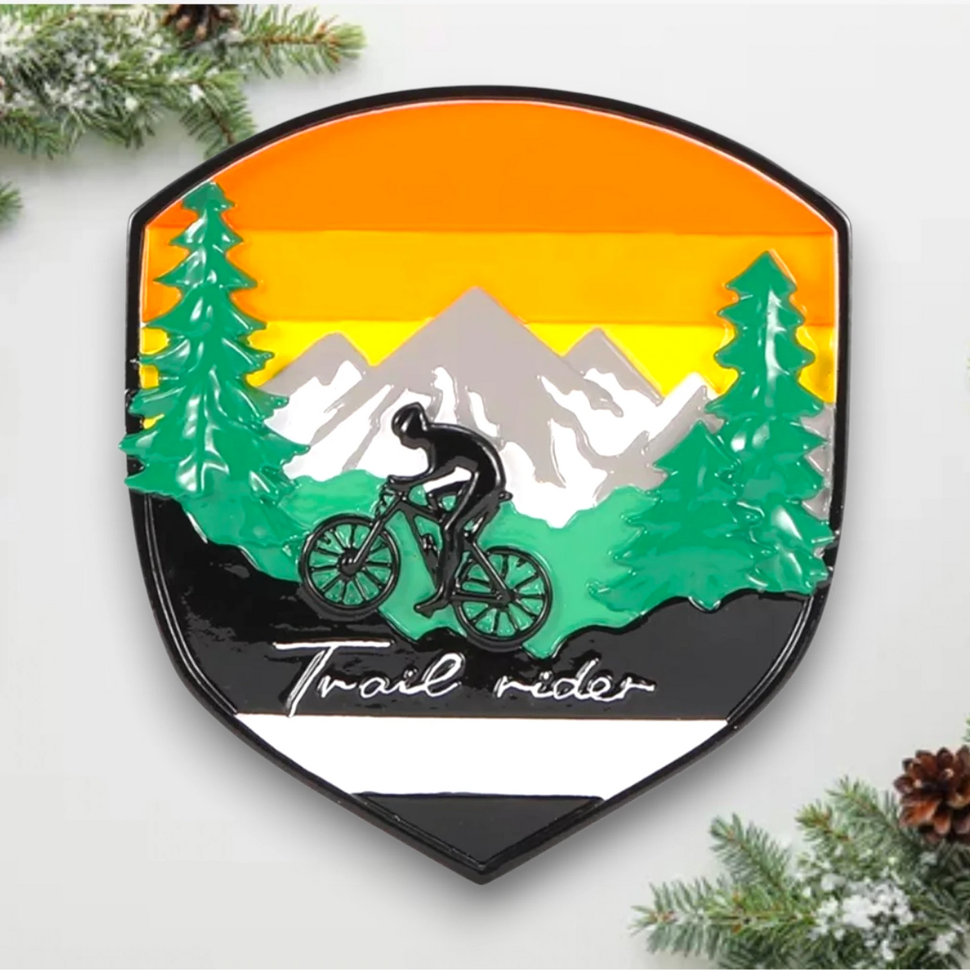 Personalized Adventure Badge Mountain Biking Christmas Ornament with customizable name and year, featuring a cyclist on a trail with mountain and forest backdrop.