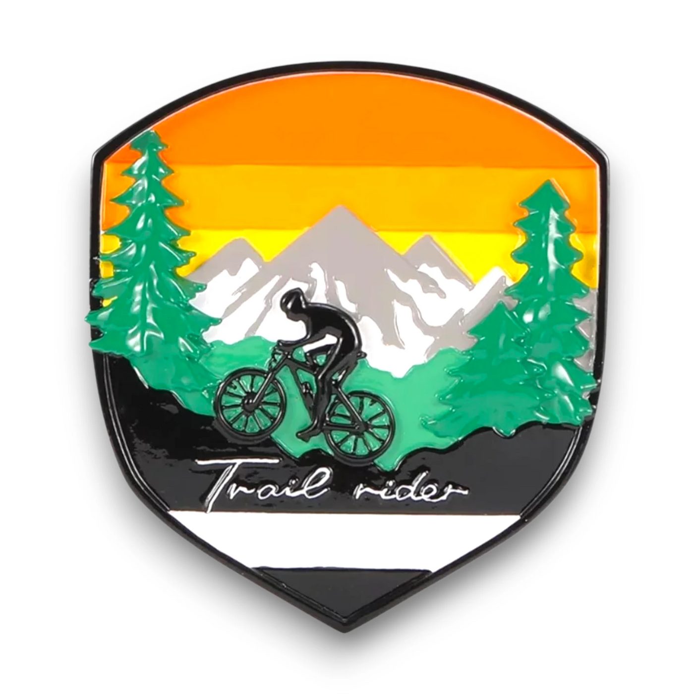 Personalized Adventure Badge Mountain Biking Christmas Ornament with customizable name and year, featuring a cyclist on a trail with mountain and forest backdrop.