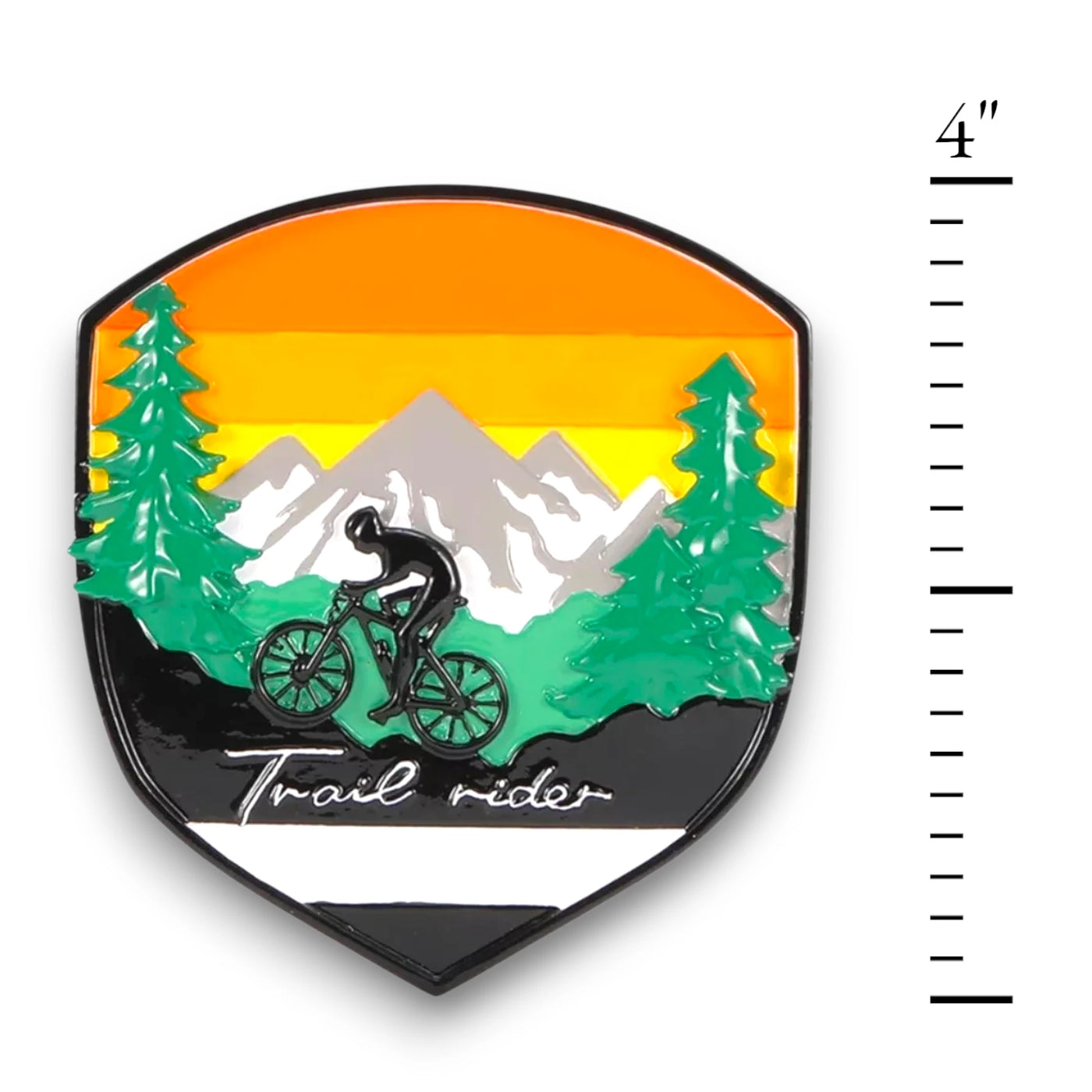 Personalized Adventure Badge Mountain Biking Christmas Ornament with customizable name and year, featuring a cyclist on a trail with mountain and forest backdrop.