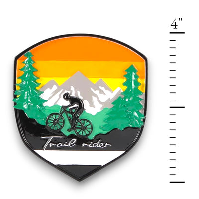 Personalized Adventure Badge Mountain Biking Christmas Ornament with customizable name and year, featuring a cyclist on a trail with mountain and forest backdrop.