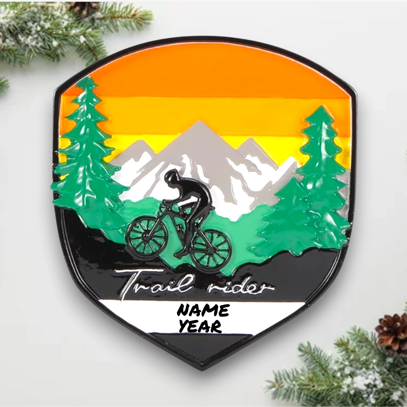 Personalized Adventure Badge Mountain Biking Christmas Ornament with customizable name and year, featuring a cyclist on a trail with mountain and forest backdrop.