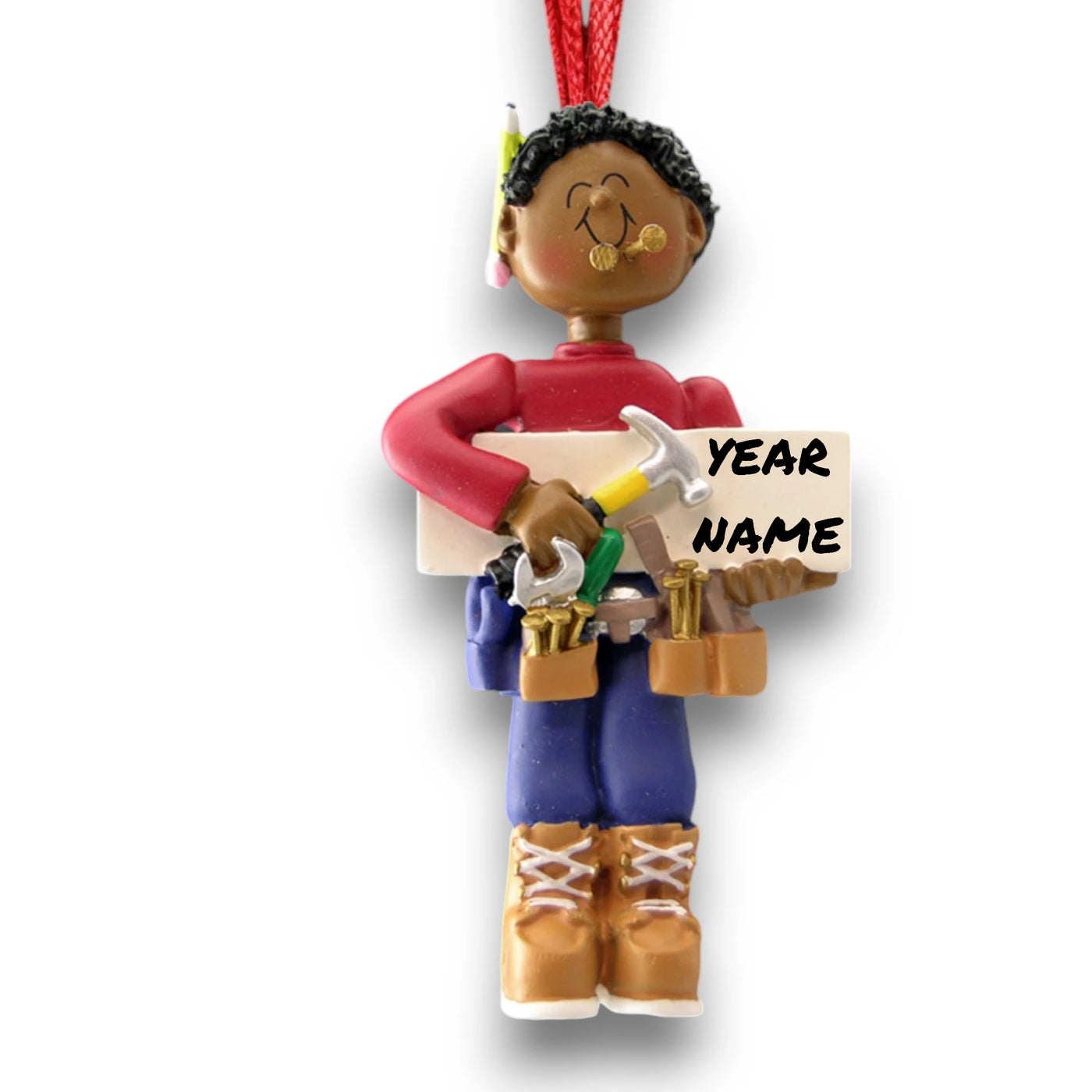 Personalized African American Carpenter Christmas Ornament with Tools – Custom Name and Year Resin Ornament