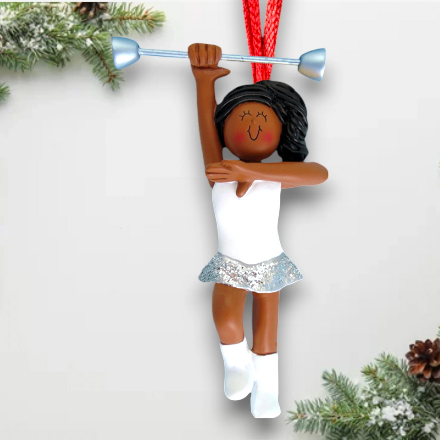 Personalized African American Female Baton Twirler Ornament with Custom Name and Year – Resin Christmas Ornament