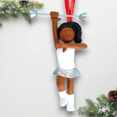 Personalized African American Female Baton Twirler Ornament with Custom Name and Year – Resin Christmas Ornament