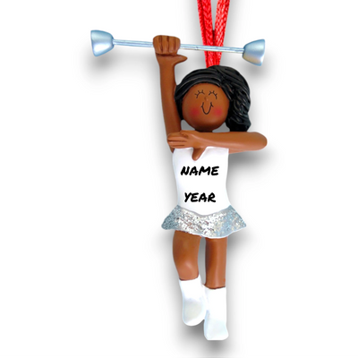 Personalized African American Female Baton Twirler Ornament with Custom Name and Year – Resin Christmas Ornament