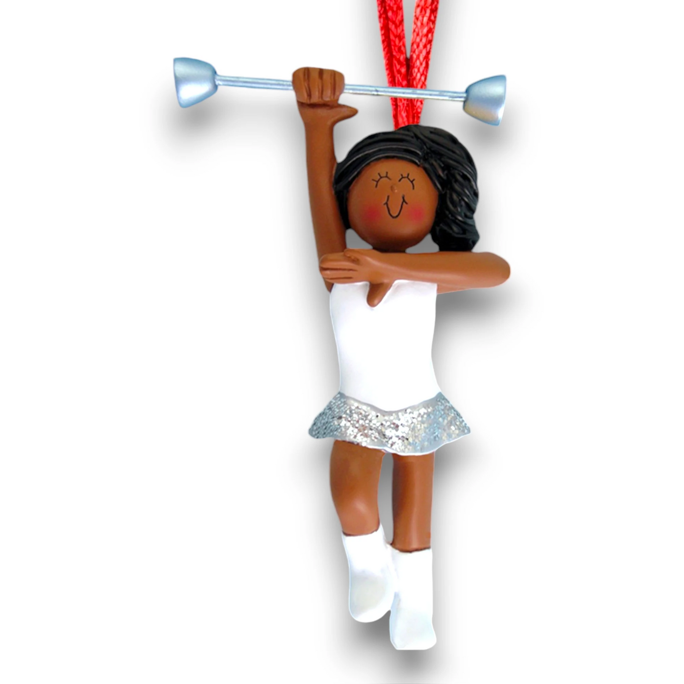 Personalized African American Female Baton Twirler Ornament with Custom Name and Year – Resin Christmas Ornament